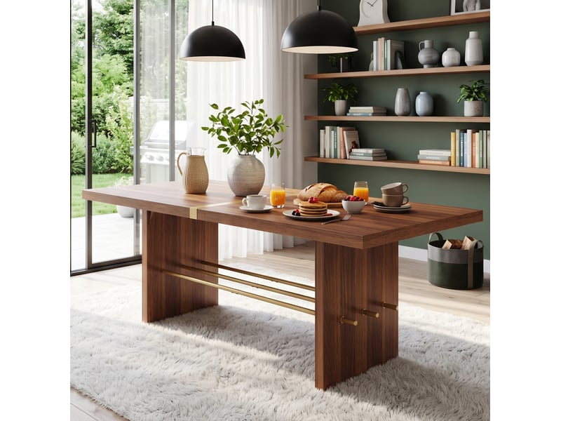 Table de salle à manger pour 6 à 8 personnes avec plateau épais stable et traverse dorée, en mdf noyer, 180 × 75 cm - Conforama C