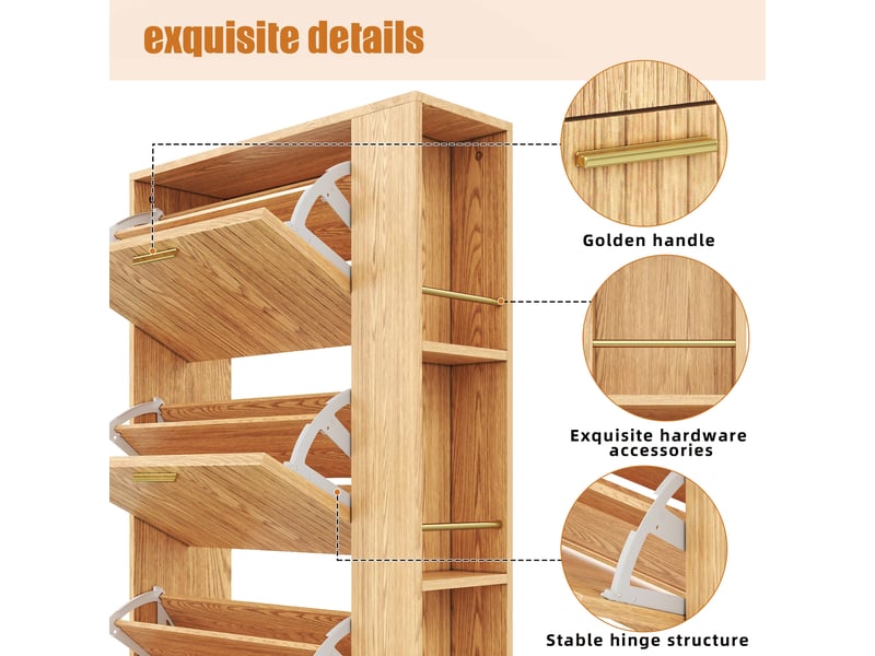  Meuble à chaussures 70x23,5x115 cm, 3 portes, niches ouvertes et étagères intérieures, rangement pour entrée et couloir - naturel  - Conforama E