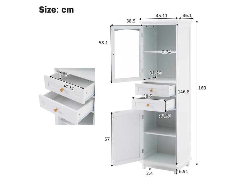 Colonne salle de bain 45x36x160 cm, portes verre, 2 tiroirs, poignées dorées, design moderne, en mdf, blanc  - Conforama C