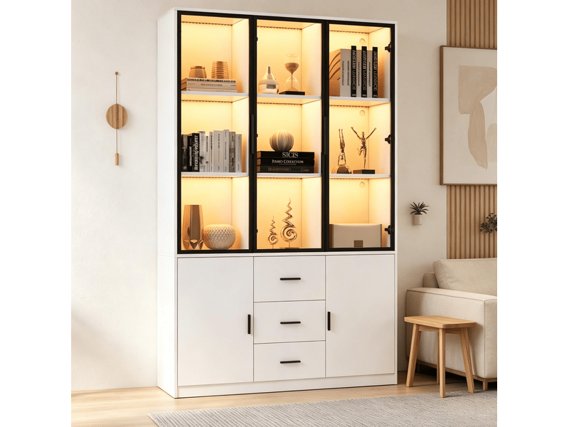  Vitrine 5 portes dont 3 vitrées, 3 tiroirs et led rgb pour salon en panneaux de particules blancs 120 × 30 × 200 cm  - Conforama B
