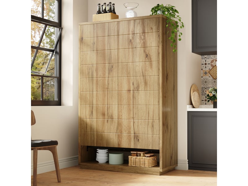Armoire haute de cuisine 100x40x162,5 cm, 2 portes push-to-open, 8 niches ouvertes, sécurité anti-basculement, structure mdf, décor chêne clair - Conforama C