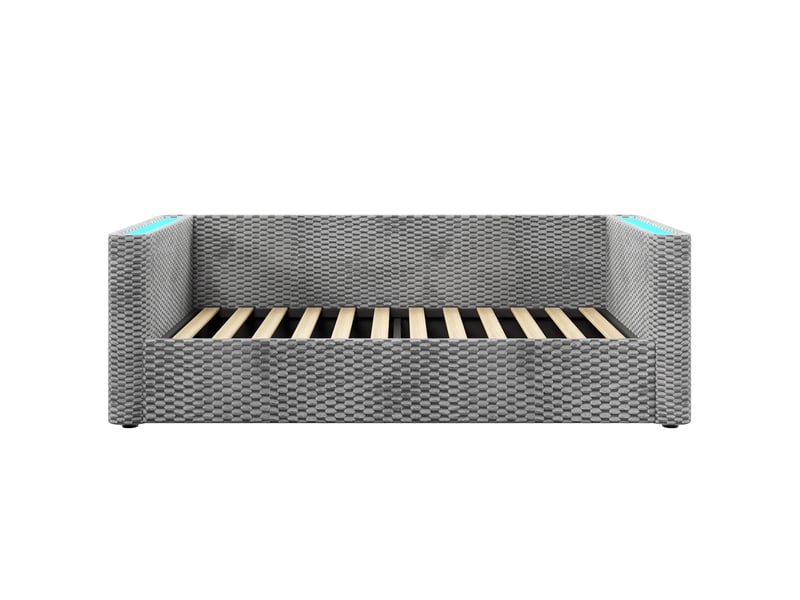  Lit banquette gris 90x200 cm en velours avec led, rangement hydraulique et sommier à lattes  - Conforama A