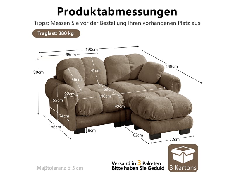 Canapé d’angle modulable 2 places 190*149*90 cm en chenille avec pouf mobile marron chicfurn - Conforama C