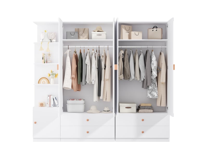  Armoire penderie 225x45x200 cm - grand dressing multifonctionnelle avec 3 tringles, 4 tiroirs et poignées en bois massif - blanc  - Conforama A