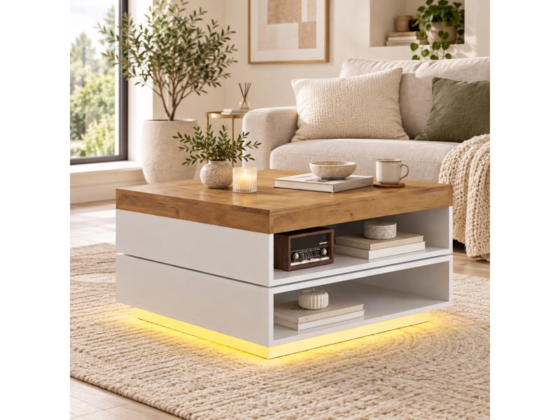  Table basse carrée led blanc et bois avec plateau pivotant 360° et rangement ouvert, 65x65x40 cm  - Conforama E