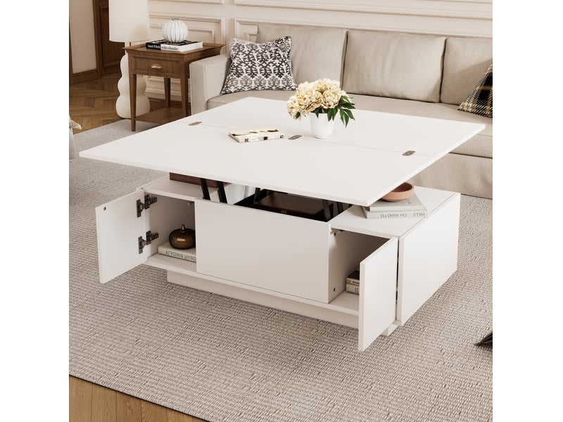  Table basse 100x50x55cm, table de salon avec levage double, espace de rangement caché, 2 portes, aggloméré, blanc  - Conforama W