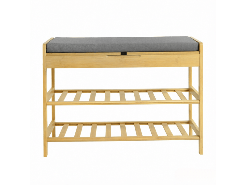  Banc de rangement à chaussures avec assise rembourrée, 2 étagères et compartiment caché, en bambou et lin gris, 68 × 30 × 50 cm  - Conforama A
