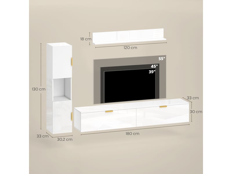  Ensemble meuble tv mural 3 pièces suspendu avec étagère blanc brillant 180 cm  - Conforama C