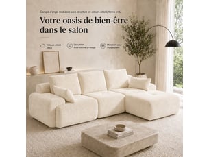 Canapé d’angle modulable 4 places en velours côtelé blanc crème, méridienne, rembourrage haute densité, sans montage