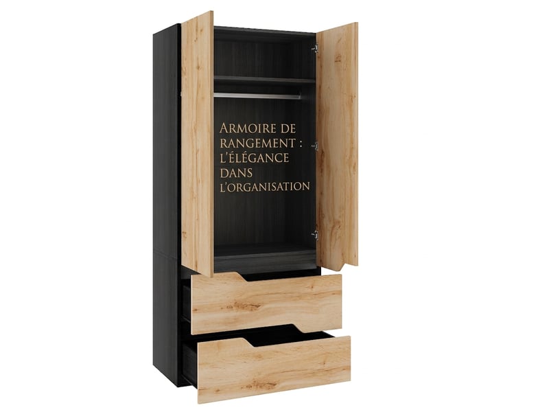  Armoire 2 portes 90x50x200 cm finition chêne avec penderie et 2 tiroirs  - Conforama R