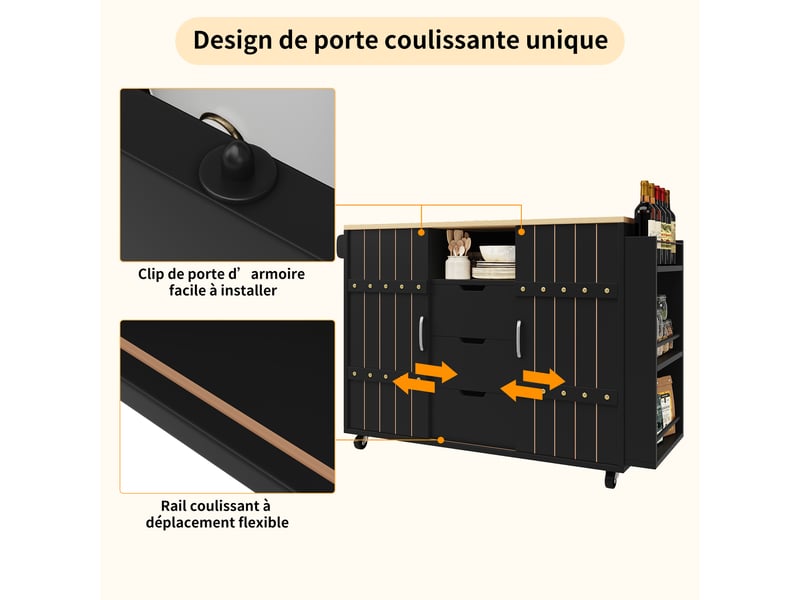 Îlot de cuisine 110x42x90 cm avec table rabattable 70 cm, 3 tiroirs, portes coulissantes et roulettes, mdf, noir - Conforama E