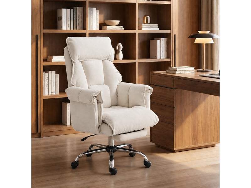  Fauteuil de bureau pivotant réglable en hauteur avec soutien lombaire et repose-pieds, revêtement en flanelle blanc crème, 80 x 80 x 106-114 cm  - Conforama C