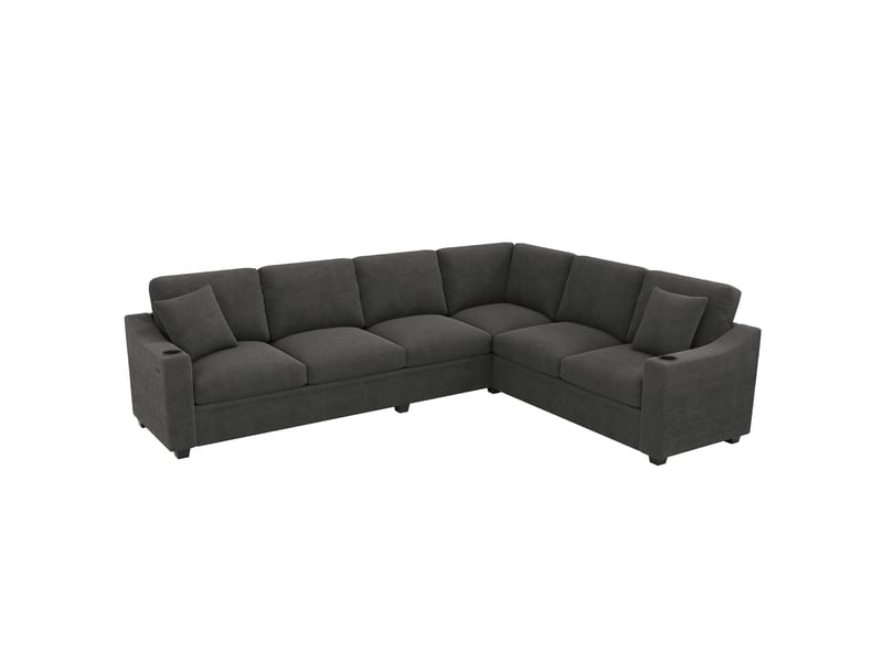  Canapé d'angle modulable 6 places 277x215x85 cm en velours côtelé avec usb type-c, porte-gobelets et 2 coussins - gris  - Conforama A