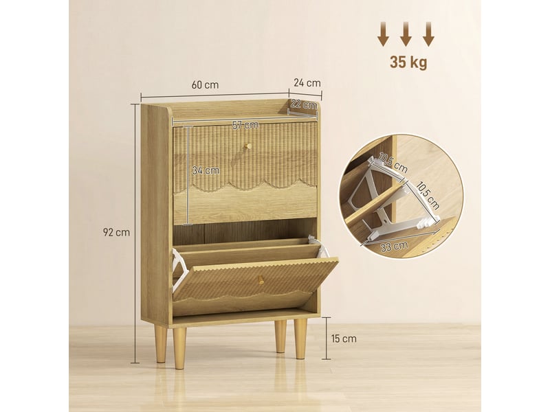 Meuble à chaussures 12 paires, armoire à chaussures étroite, 2 tiroirs rabattables étagères réglables, 60x24x92cm, chêne - Conforama D