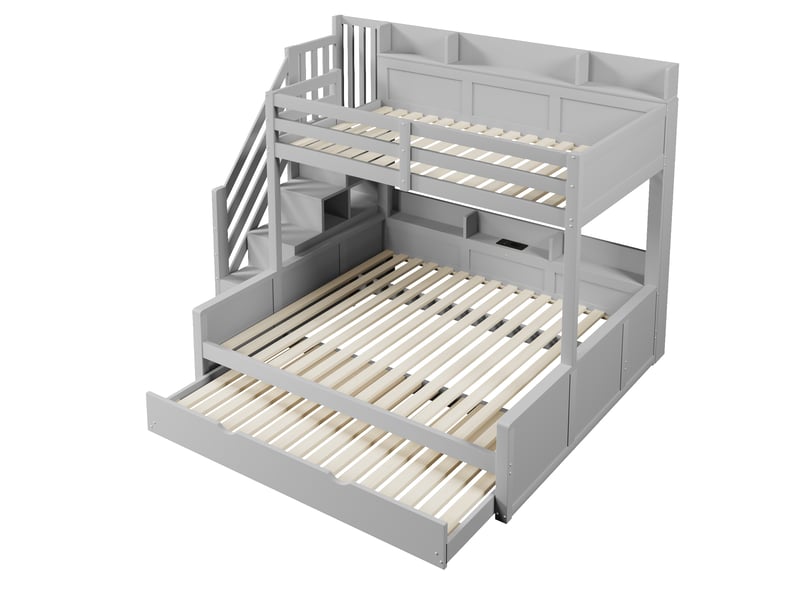  Lit superposé 90x200 cm + 140x200 cm avec lit gigogne, rangement et ports usb, lit enfant 2 couchages, gris, sans matelas  - Conforama D