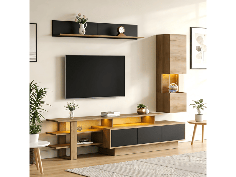  Ensemble meuble tv mural 3 pièces bois et noir avec led pour tv 80 pouces  - Conforama D