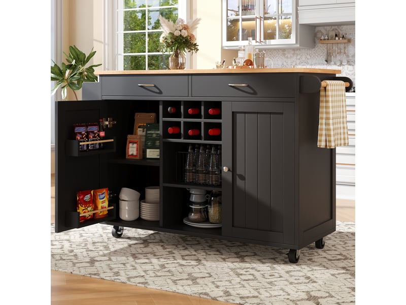 Desserte cuisine, îlot central sur roulettes avec plan de travail, range-bouteilles, dimensions 102 x 45 x 92 cm, mdf, noir - Conforama D