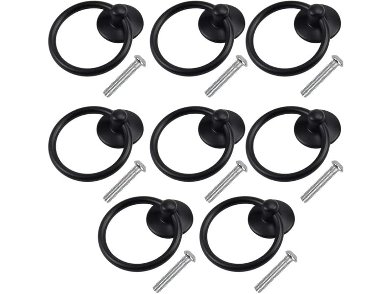 Jeu de 8 boutons à anneau déployables noirs, poignées métalliques rondes pour portes et tiroirs avec vis - Conforama B
