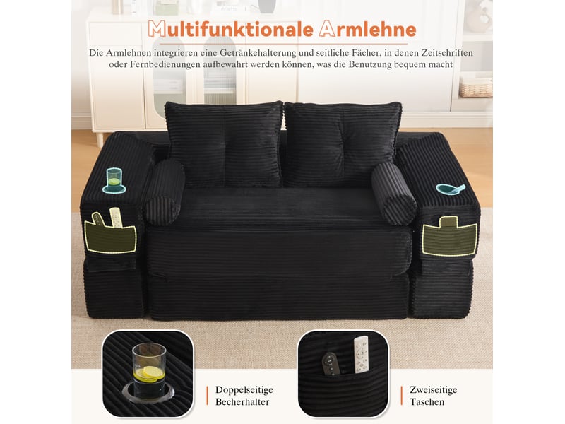  Canapé convertible 2 places 180x98x80 cm, coussin d'assise mémoire de forme, coussins décoratifs, velours côtelé, noir  - Conforama E