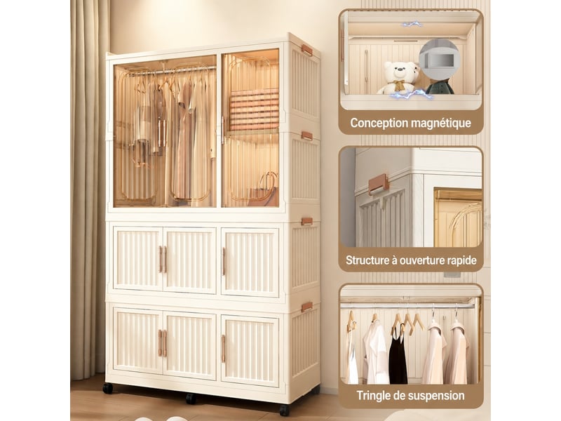  Armoire penderie pliable et modulable, 9 portes, blanc crème, 92 x 45 x 158 cm  - Conforama D