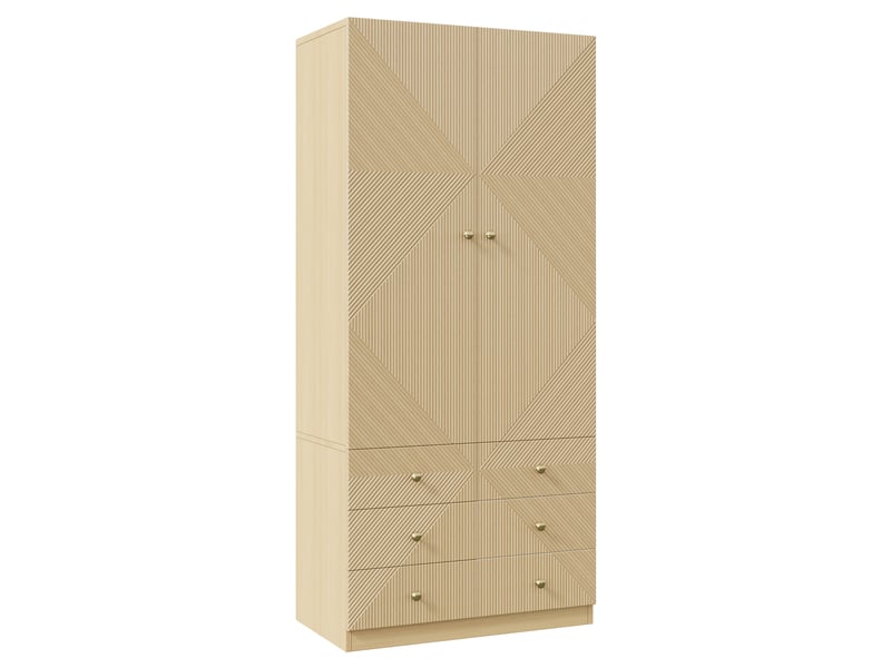  Armoire penderie haute 2 portes 90 cm avec 1 tringle et 6 tiroirs, façade géométrique, poignées dorées, structure mdf, finition effet chêne naturel  - Conforama A