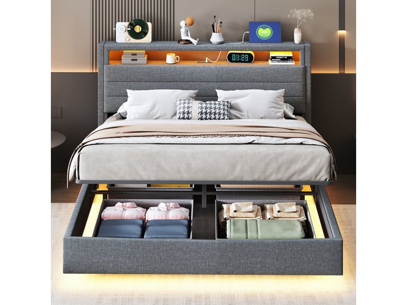  Lit coffre 140 x 200 cm gris, éclairage led, port usb et rangement hydraulique en lin  - Conforama E