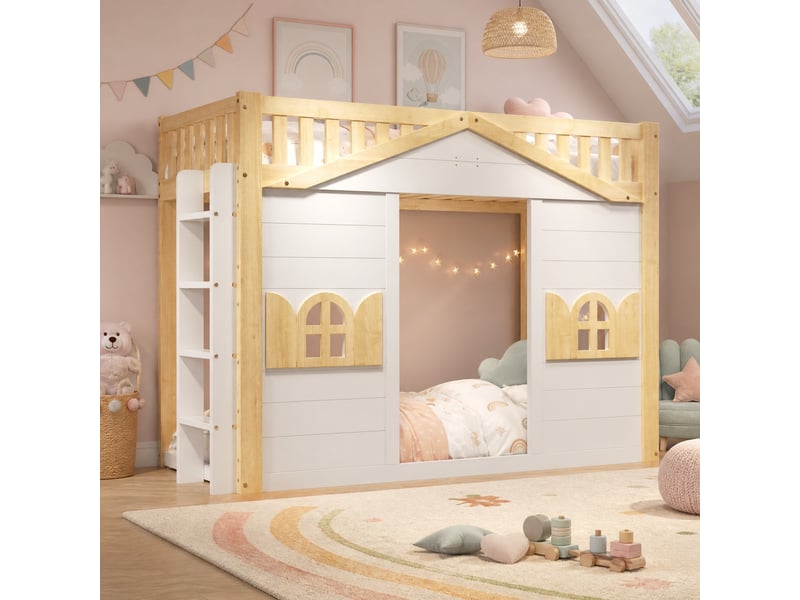 Lit mezzanine enfant simple 90×200 cm, fenêtre et échelle réversible - sans matelas, pin blanc - Conforama C