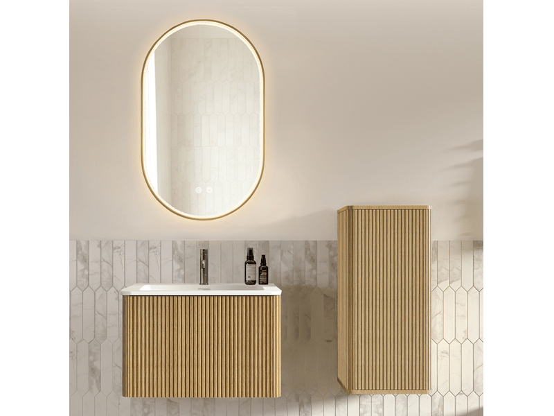 Meuble de salle de bains suspendu 61 cm bois clair avec vasque, colonne et miroir led antibuée réglable - Conforama B