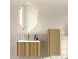 Meuble de salle de bains suspendu 61 cm bois clair avec vasque, colonne et miroir led antibuée réglable