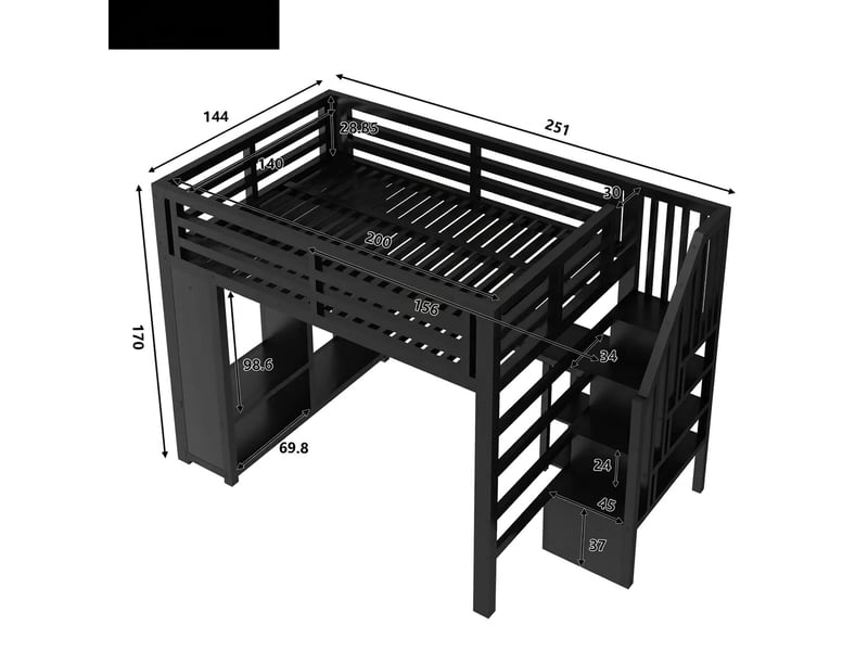  Lit mezzanine gaming 140x200 avec bureau intégré, led, usb et penderie, métal noir  - Conforama E