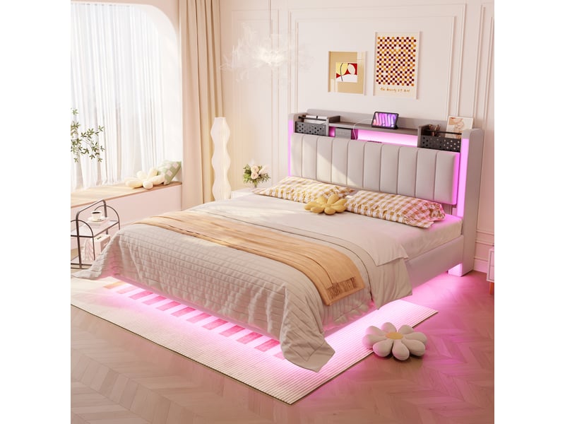 Lit double 140 × 200 cm en lin beige, tête de lit avec rangement, led, usb et effet flottant Fay Lum - Conforama B