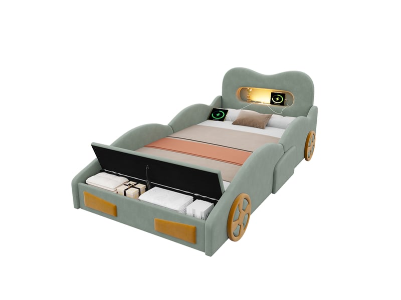  Lit enfant 90x200 cm avec éclairage et rangement, coloris vert  - Conforama A