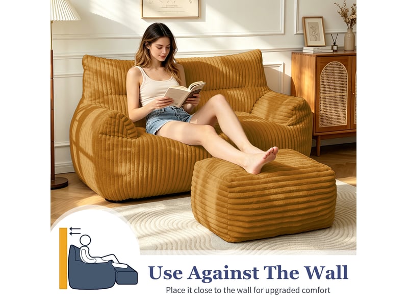  Fauteuil pouf double jaune avec repose-pieds, flanelle, 135 x 100 x 75 cm  - Conforama E