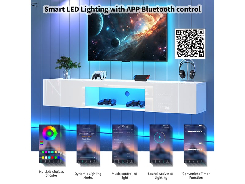  Support tv 160x31x22 cm, commande via application bluetooth, meuble suspendu brillant pour téléviseur 70 pouces avec éclairage led  - Conforama R
