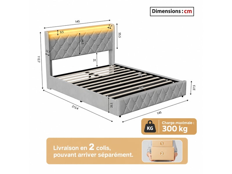  Lit coffre 140x200 cm avec led et usb, lit adulte capitonné avec rangement hydraulique, lit 2 places avec sommier à lattes, lit double avec tête de lit rembourrée, velours gris  - Conforama C