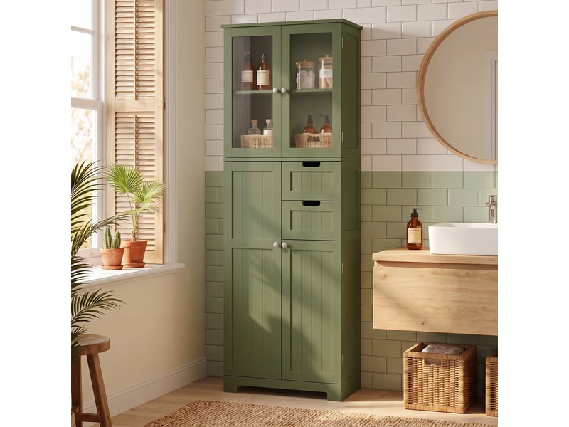  Armoire de rangement haute avec portes vitrées et étagères réglables pour salle de bain, cuisine, salon, verte  - Conforama D