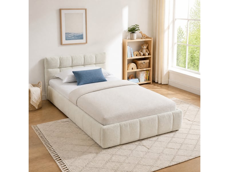  Lit simple enfant 90x200 cm en chenille beige, cadre en bois d’eucalyptus et fer  - Conforama C