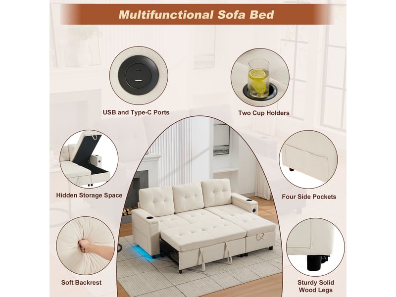  Canapé d’angle convertible 3 places 208 x 146 x 89,5 cm avec rangement dissimulé, éclairage led, ports usb, tissu beige  - Conforama D