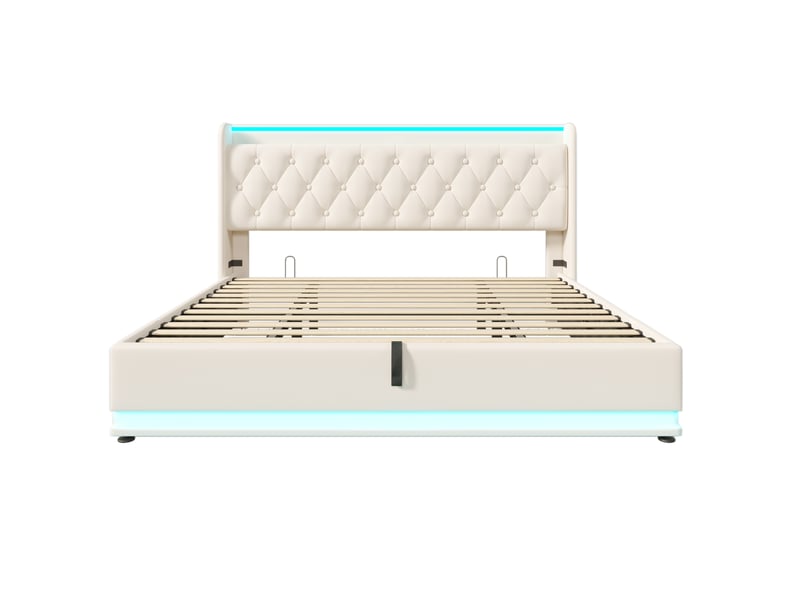 Lit coffre 180x200cm avec led ambiante 360°, ports de charge usb et type-c, design tendance, sans matelas, pu, blanc - Conforama D