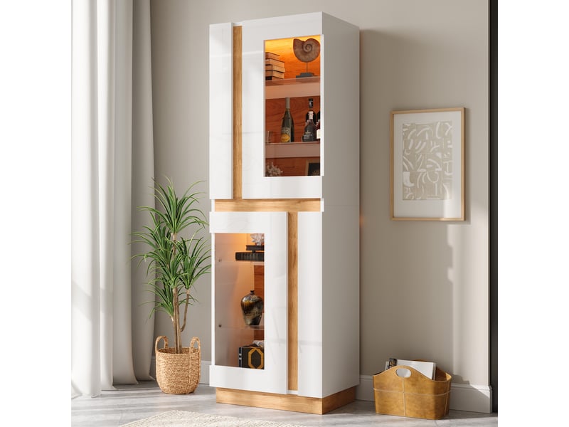  Vitrine avec éclairage led, 2 portes en verre, étagères en verre, grand meuble d'exposition, armoire de salon, rangement en panneaux de particules  - Conforama E