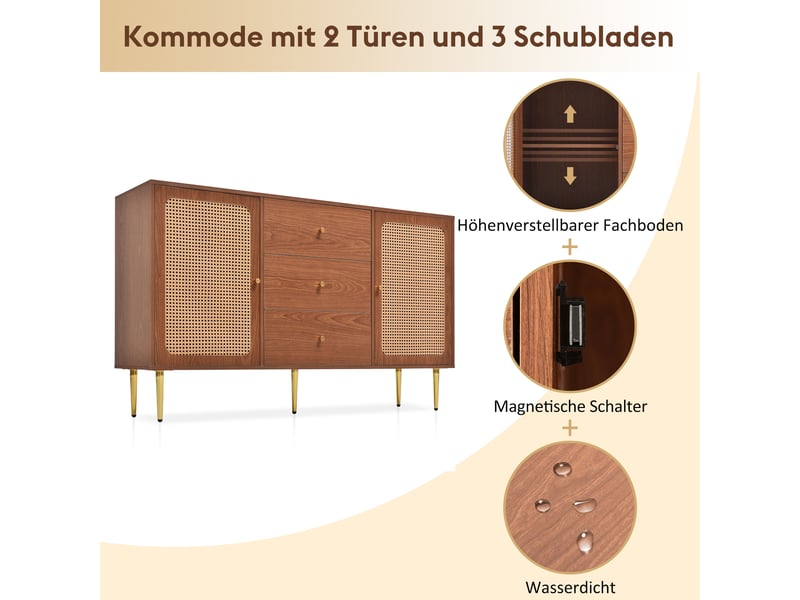  Buffet en noyer 150 cm, commode 2 portes et 3 tiroirs, portes de commode en rotin, sans matelas.  - Conforama D