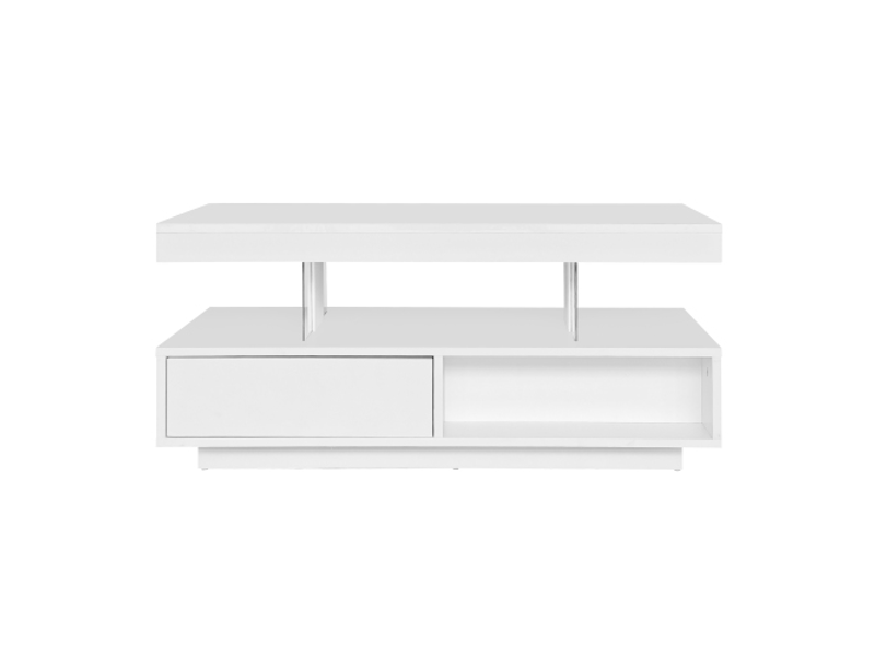  Table basse blanche brillante 95x50x42,5 cm - 4 plateaux en verre, 2 tiroirs, 2 niches  - Conforama A