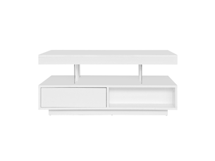 Table basse blanche brillante 95x50x42,5 cm - 4 plateaux en verre, 2 tiroirs, 2 niches
