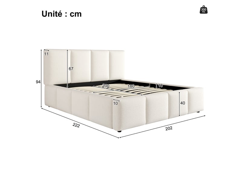  Lit double 180x200 cm - lit adulte avec tête de lit capitonnée et sommier à lattes, espace de rangement inclus, sans matelas, bouclé beige  - Conforama C
