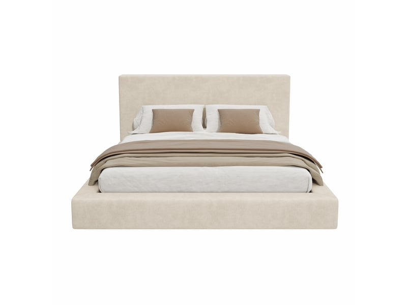 Lit double rembourré 160x200 cm lit adulte avec sommier à lattes en chenille beige, sans matelas  - Conforama R