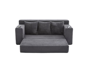 Canape droit 3 places, sans structure rigide en velours côtelé, porte-gobelets et poches, 172 × 87 × 64 cm, gris