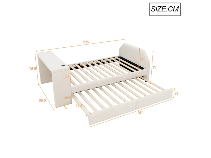  Lit simple enfant 90x200 cm beige tissu effet velours, bureau et lit gigogne avec port usb intégré  - Conforama C