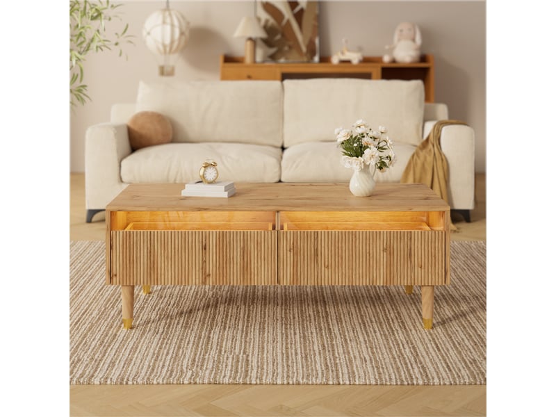  Table basse 110x50x40 cm, 2 tiroirs, éclairage led bluetooth, façade ondulée, pieds bois massif dorés pour salon et séjour - bois  - Conforama B