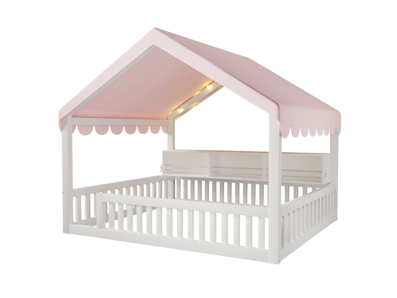  Lit cabane jeune 140x200 cm avec led, étagère et barrières en bois blanc  - Conforama R