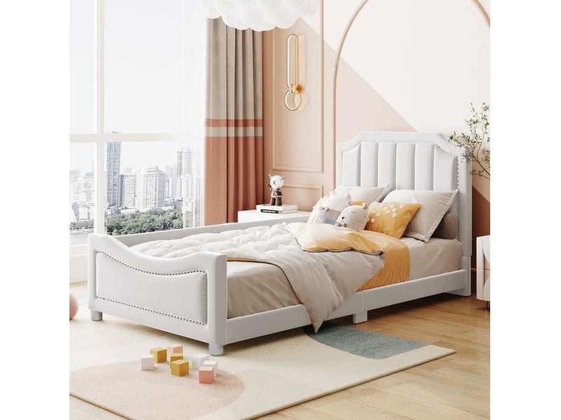  Lit enfant rembourré 90x200 cm en flanelle beige avec dossier  - Conforama D